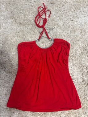 White House Black Market Red Halter with Silver Chain Accent